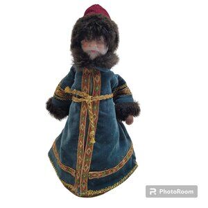 Santa Claus Tree Topper Christmas Blue Corduroy Ornate Coat Fur Trim Hat 12 in